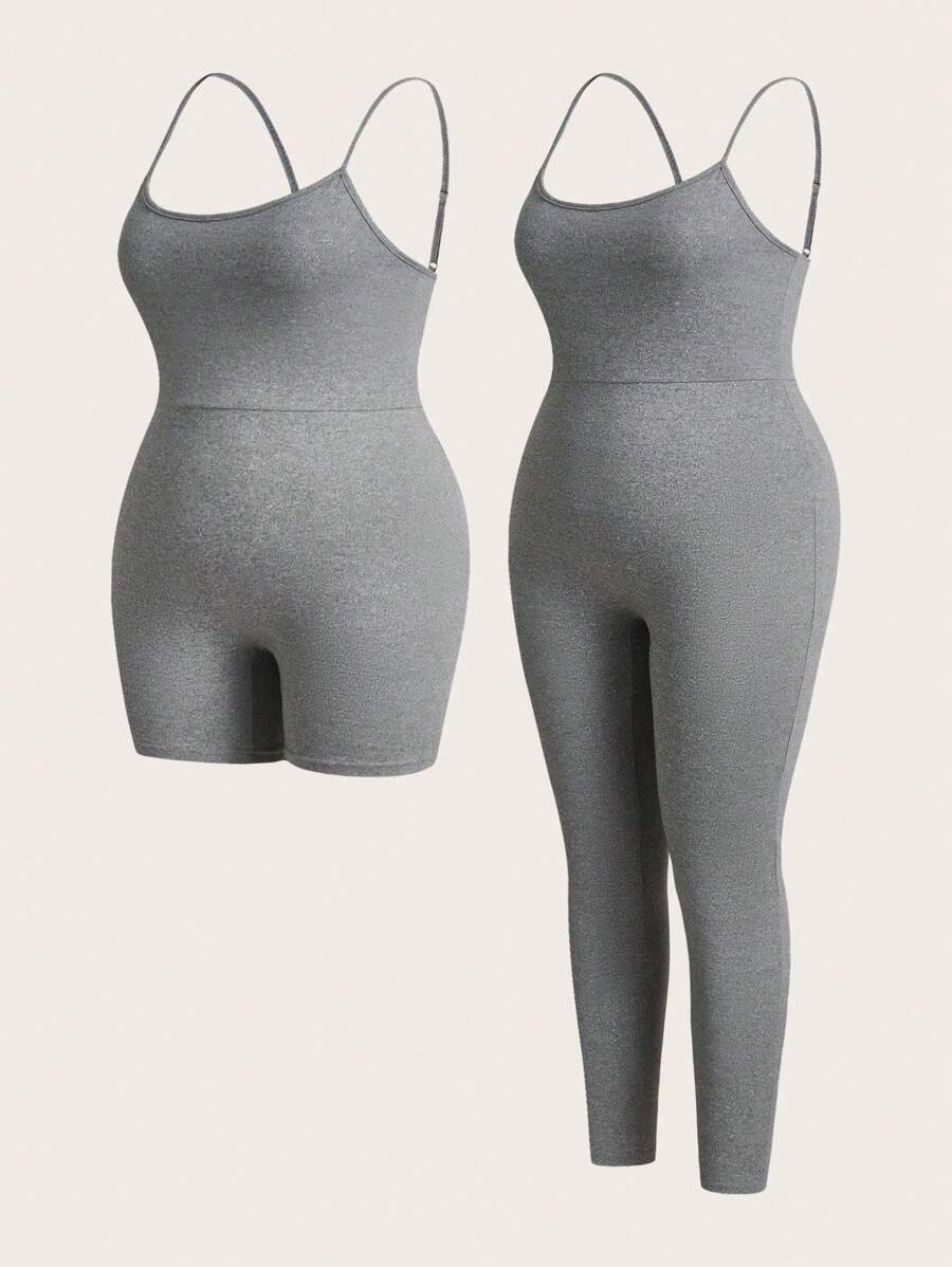 SHEIN Essnce Plus Size Women's Summer New Free People Women Back To School Clothes Workout Women Sets Teacher Clothes Outfit Biker Shorts Women Rompers Leggings Fashion Casual Sports 2 Pieces Bodycon Jumpsuit - Light Grey - View 1