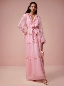 Enchnt Robe élégante femme romantique rose col V volant ourlet, douce et élégante pour la Saint-Valentin et les vacances, sortie romantique, usage quotidien, vacances et fêtes de jardin