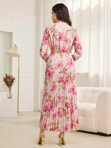 Modelyn Ruffled Tie Neck Pleat Patchwork Floral Print Dress Fall Cloth For Women - Pink - View 5