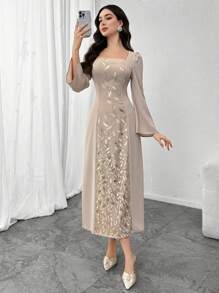 Modelyn Sequin Mesh Casual Dress, Minimalist & Fashionable For Daily Wear - Apricot - View 3