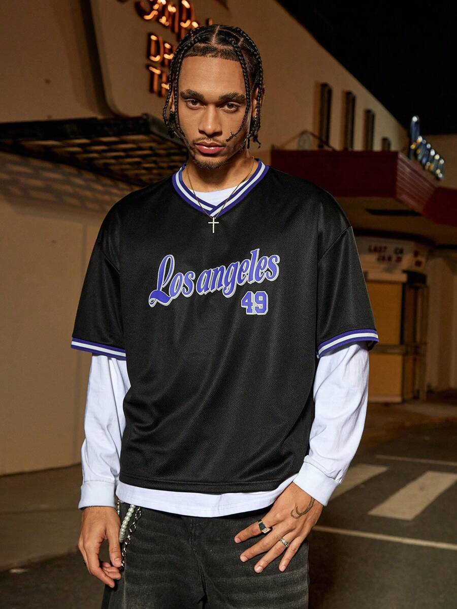 PAVTROS Manfinity Streetrush Manfinity Streetrush Men's Casual Sports V-Neck Printed Short T-Shirt,Graphic Men T-Shirt,Oversized T-Shirt,Boyfriend Gifts Jersey Streetwear Jersey For Men - Black - View 1