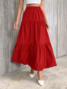 SHEIN Privé Women's Vacation Solid Color Elastic Waist Ruffle Hem Casual Red Midi Skirt