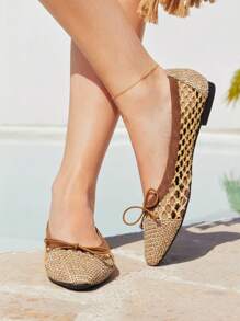 Styleloop 女士编织透气蝴蝶装饰方头平底鞋，舒适优雅，度假风格