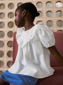 SHEIN 年轻女孩蕾丝领泡泡袖宽松白色衬衫 - 白色 - 查看 6