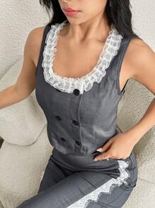 Modelyn 女士灰色蕾丝边双排扣背心 - 灰色 - 查看 8