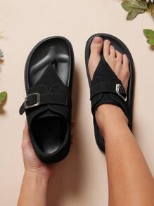 SHUZIA Women Buckle Decor Thick Bottom Basic Everyday Comfort Outdoor Suede Black Flat Sandals Vacation Shoes Casual Shoes Beach Shoes - Black - View 3