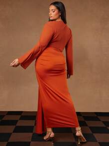 Hauture 加大码夏季女装，女士，锈色针织前裹式系带修身长裙，简约时尚日常休闲，夏季女装，女式裙子，适合约会之夜、音乐会、表演、派对、俱乐部、音乐节 - 棕色 - 查看 2