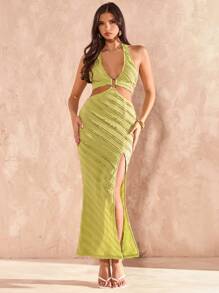 SHEIN BAE Solid Green Textured Halter Neck Backless High Slit Dress, Resort Wear