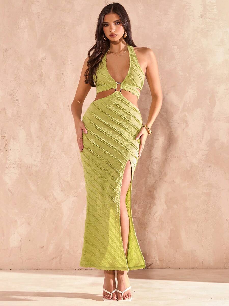 SHEIN BAE Solid Green Textured Halter Neck Backless High Slit Dress, Resort Wear