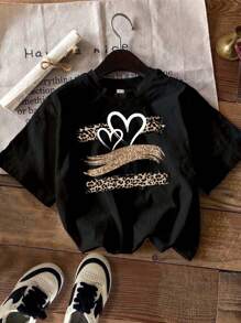 SHEIN Leap Crew 青少年女孩休闲简约卡通图案多件装 T 恤，适合夏季