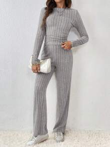 SHEIN Frenchy Plus Size Round Neck Long Sleeve Casual Top And Pants 2 Pieces Set