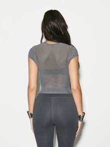 KIZN 褶皱网眼T恤锻炼上衣运动裁剪训练运动短袖健身健身房瑜伽跑步运动T恤性能服 - 灰色 - 查看 2