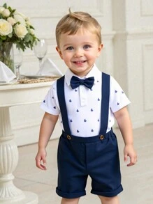 SHEIN Set de 2 piezas de top de punto y pantalones cortos informales para niño/niña pequeños, adecuado para uso diario en primavera/verano y eventos como fiesta de cumpleaños, bautizo, 1er cumpleaños, fiesta de noche, actuación, boda