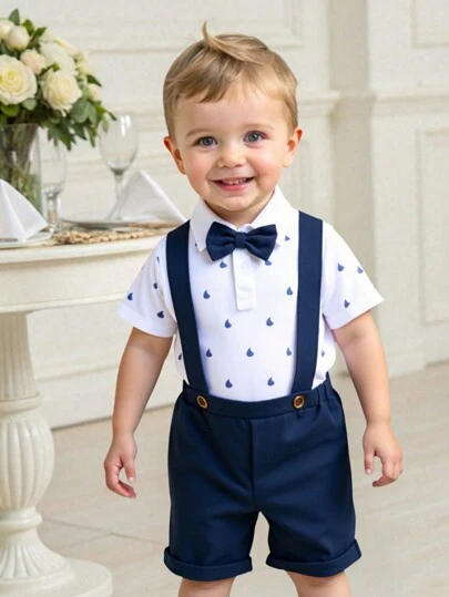 SHEIN 2 件套男童/女童休闲针织上衣和短裤套装，适合春夏季日常穿着和生日派对、洗礼、 1 岁生日、晚会、表演、婚礼等活动