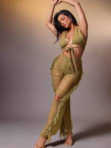 Denimoi Solid Open Front Sexy Fringe Knit Pants - Multicolor - View 3