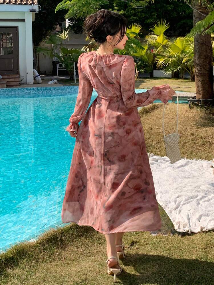 New Arrival Summer Sundress Women Elegant Allover Print Waisted Dress, Ruffle Floral Dress