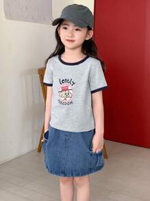 DAZY 2pcs/Set Young Girl Casual Simple Short Sleeve T-Shirt And Shorts,Girls Summer Outfits - Grey - View 3