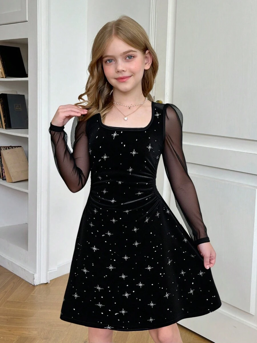 SHEIN Leap Crew Tween 女童网眼拼布天鹅绒透明长袖高领优雅连衣裙 - 黑色 - 查看 1