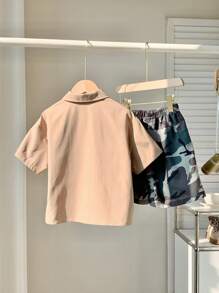 SHEIN 2 Packs Young Boys Casual Street Fashion Colorblock Shirt And Camouflage Shorts Set Suitable For School Suitable For Travel Suitable For Sports Suitable For Spring And Summer Seasons