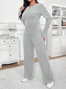SHEIN Frenchy Plus Size Round Neck Long Sleeve Casual Top And Pants 2 Pieces Set