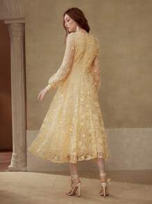 MOTF PREMIUM FLORAL EMBROIDERY CONTRAST MESH DRESS - Yellow - View 6