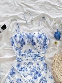 Soleia فستان أنيق مصمم للنساء بطبعة زهور ملونة باللون الأزرق والأبيض، بخصر مكشكش وتنورة قصيرة، مناسب للحفلات والمواعيد والأزياء الصيفية والشاطئ والعطلات