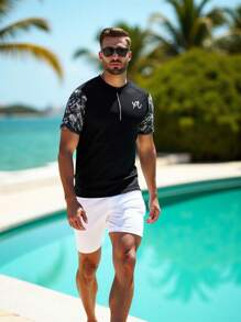 Manfinity Swimmode Camiseta de manga corta de surf de media cremallera con cuello redondo y pantalón de baño estampado en tie dye para hombre, estilo hawaiano