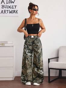 SHEIN EZwear 女款树枝图案字母刺绣宽松牛仔裤 - 軍綠色 - 查看 6