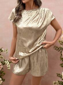 Breezaya Women Metal Feel Pleated Short Sleeve Shorts 2 Pieces Set, Holiday Leisure Wear