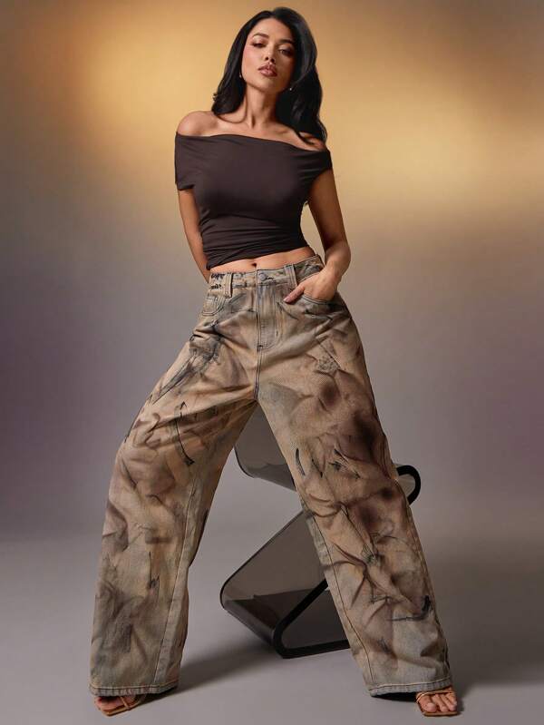 Denimoi Abstract Wash Relaxed Fit Jeans, Casual And Fashionable For Everyday Wear, Wasteland Aesthetic, Post-Apocalyptic Style