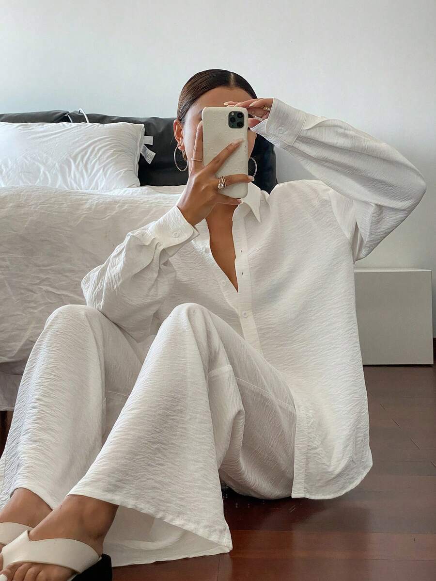 Livesso 新款宽松休闲长袖上衣，夏季女士加大码套装商务装 - 米色 - 查看 1