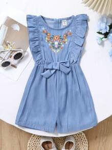 Baby Girl Spring/Summer New Leisure Vacation Style Blue Romper, Made Of Lightweight Denim Effect Fabric, With Floral Embroidery And Ruffle Short Sleeves, Creating A Sweet And Fresh Vibe