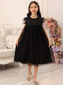 Tween Girls Elegant Party Polka Dot Mesh Patchwork Dress - Black - View 8