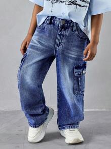 Young Boys' Casual Denim Jeans, Fashionable Utility Straight Leg Washed Blue Jeans, All Season - Dark Wash - View 4