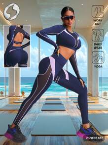 Innovista 女士运动服二合一套装，撞色拼接短款长袖运动上衣和运动紧身裤，两件套健身服，透气网眼镂空高弹速干健身上衣和裤子，高腰收腹裤和塑形垫，适合拳击、舞蹈、徒步、露营、越野、排球、音乐节、派对等场合，蓝色，春季装备，情人节，比基尼，秋季泳装，女士清爽浅蓝色