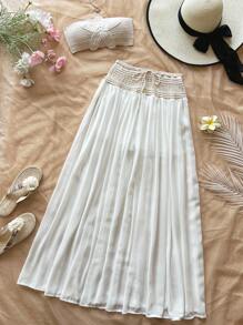 Soleia Women Crochet Knitted 3D Flower White Bandeau Top And Crochet Waist Chiffon Skirt Set, Beach Holiday Outfit, Suitable For Spring And Summer In Fall/Winter - White - View 4