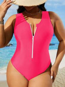 SHEIN Swim Curve Plus Size Women's Sexy Backless Criss-Cross One-Piece Swimsuit, Casual Holiday Style - Hot Pink - View 7
