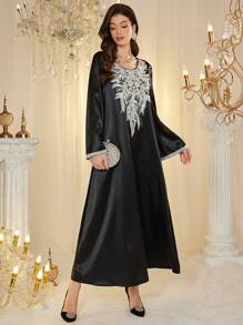 Al Najma Embroidered Jacquard Bead Collar Turkish & Arabic Style Maxi Dress For Women, Kaftan & Jalabiya - Black - View 4