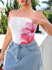 CovetEZ Plus Size Tropical Floral Strapless Casual Bodysuit, Versatile All-Match Style For Spring/Summer - Multicolor - View 3
