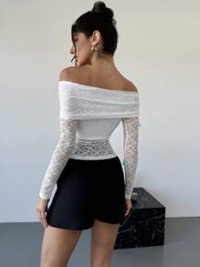 Firerie Blusa de encaje elegante y sencilla con hombros descubiertos de manga larga y elástica, ideal para una cita romántica el Día de San Valentín