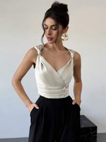 Firerie Neue Frühlings-/Sommer Office Pendler Elegante Aprikose & Leinen Drehteil Knopf Taille Saum Passförmige Satinbluse