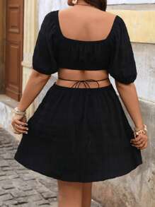 SHEIN VCAY Plus Summer Women Beach Square Neck Puff Sleeve Cut Out Waist Dress