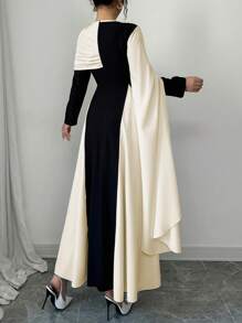 Rafferiza Vestido elegante de mujer con cuello redondo, mangas extra largas fluidas y bloque de color con pliegues - Albaricoque - Ver 2