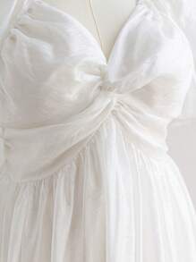 Soleia Vestido midi de línea A con mangas abullonadas y detalle torcido al frente, rosa, para primavera, talla grande