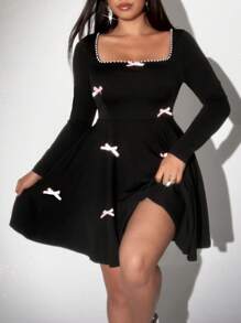 Viva Relle Plus Size Women Elegant Ruffle Trim Bow Decor Flare Sleeve Romantic Date Party Dress