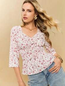 Poéselle 1 stuk dames blouse met vierkante kraag en ruches, middellange mouwen, minimalistische en casual dagelijkse kleding, bloemenblouse, blouse met rucheskraag