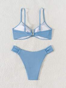 2 件蓝色条纹比基尼套装，U 型褶皱基本款泳装，适合海滩夏季度假 - 藍色 - 查看 7