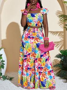 Slaydiva Bộ 2 áo và chân váy in hoa cho nữ, trang phục thường ngày ngày lễ - Nhiều màu - Xem 1