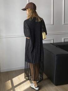 DAZY See Through Mesh Sequin Splicing Casual Letter Print Straight Vacation Dress For Women Prom Dress - Black - View 3