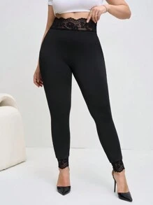 SHEIN Clasi Leggings noirs patchwork en dentelle à taille élastique pour femmes grandes tailles, tenues de sortie, Saint-Valentin, été/printemps, vintage, vêtements de travail pour femmes, style Old Money